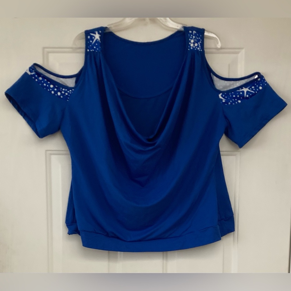 ⭐️🤍🦋🤍⭐️SHEIN Royal Blue with White Accent Cold Shoulder Layered Look Blouse